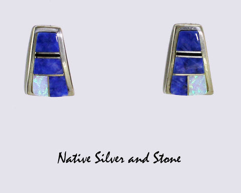 Navajo Jewelry<br>5/8" Earrings<br>"Denim Opal"<br>Denim Lapis & Opal<br>Squared "Bell"<br>Post<br>Sterling Silver