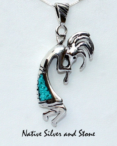 Running Bear Shop - Navajo<br>1-7/16" Pendant (only)<br>Kokopelli - Medium Cast<br>Mosaic Turquoise Inlay<br>Sterling Silver
