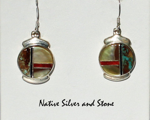 Navajo Shop Jewelry<br>Earrings - French Wire<br>"Desert Autumn"<br>Multi-inlay Circles<br>Gold Lip Mother of Pearl<br>Green Turquoise<br>Orange Spiny, & Sierra Black Rock