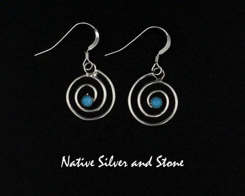 Marilyn Preston-Navajo<br>9/16" Earrings - Round<br>Whirlwind<br>Blue Turquoise Snake-Eye DotHook<br>Sterling Silver