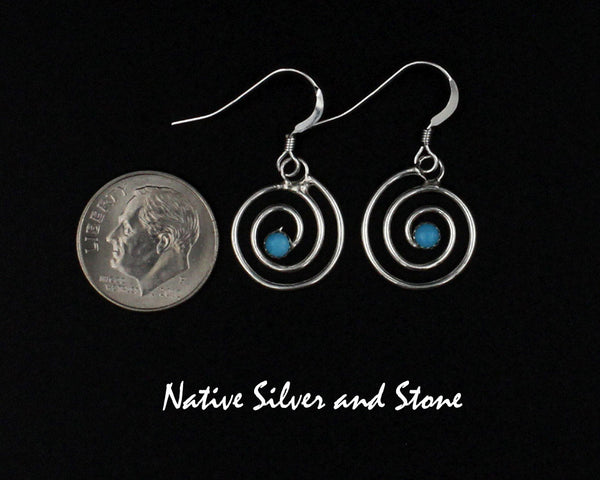 Marilyn Preston-Navajo<br>9/16" Earrings - Round<br>Whirlwind<br>Blue Turquoise Snake-Eye DotHook<br>Sterling Silver