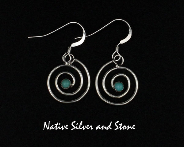 Marilyn Preston-Navajo<br>9/16" Earrings - Round<br>Whirlwind<br>Green Turquoise Snake-Eye DotHook<br>Sterling Silver