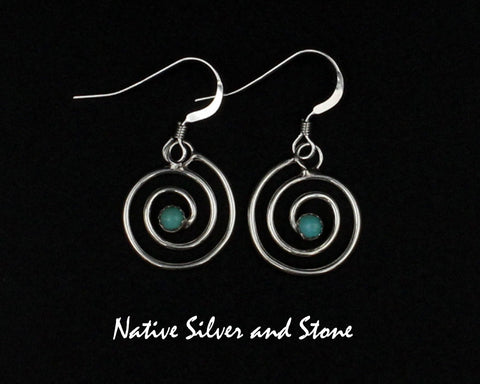 Marilyn Preston-Navajo<br>9/16" Earrings - Round<br>Whirlwind<br>Green Turquoise Snake-Eye DotHook<br>Sterling Silver