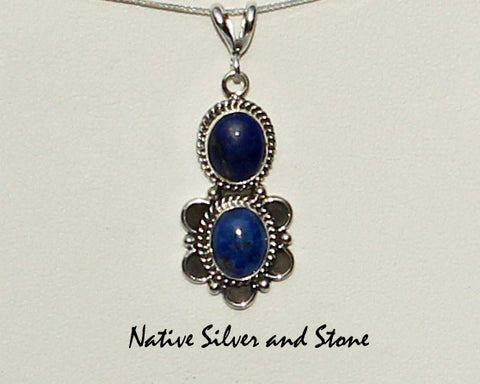 Z Miscellaneous Artist - Navajo Pendant<br>Stacked Oval Cabochons<br>Lapis & Denim Lapis<br>in Sterling Silver Accents Perimeter