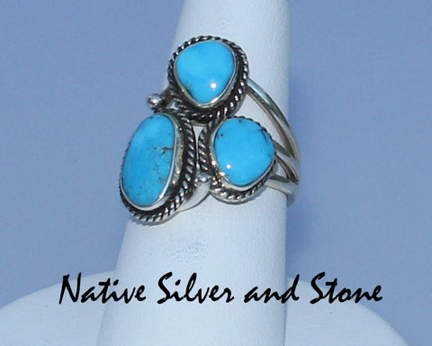Z Navajo Jewelry - Ring<br>Sterling Silver<br>3 Turquoise Cabachons<br>Size 7