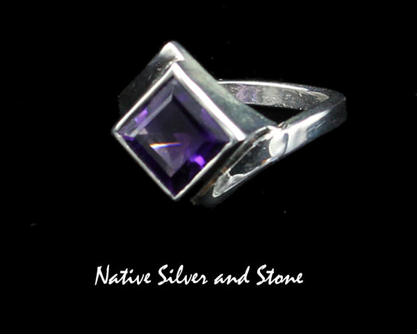 Navajo Jewelry<br>11/16" Ring<br>Amethyst - Faceted<br>Diamond-Shaped<br>Handmade Sterling Silver<br>Size 7