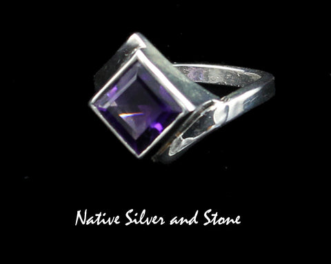 Navajo Jewelry<br>11/16" Ring<br>Amethyst - Faceted<br>Diamond-Shaped<br>Handmade Sterling Silver<br>Size 7
