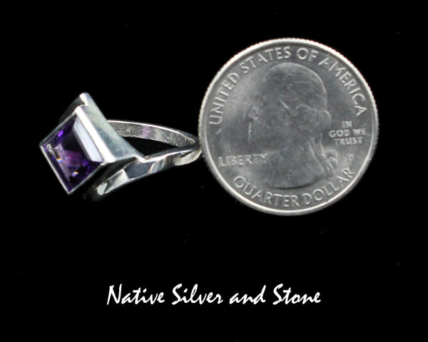 Navajo Jewelry<br>11/16" Ring<br>Amethyst - Faceted<br>Diamond-Shaped<br>Handmade Sterling Silver<br>Size 7