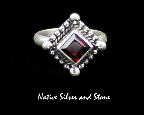 Z Lyle Piaso -Navajo<br>11/16" Ring<br>Red Garnet - Faceted<br>Diamond-Shaped<br>Handmade Bead & Twist Sterling Silver<br>Size 6-1/2