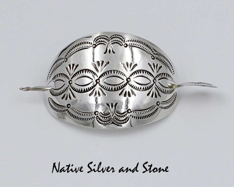 Z Miscellaneous Artist - Navajo Jewelry<br>1-1/2" Hair Barrette w Pin<br> Stamped<br>Oxidized Sterling Silver