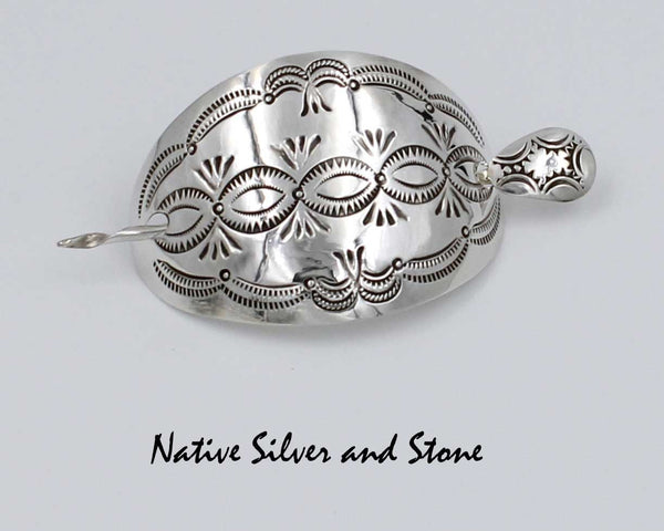 Z Miscellaneous Artist - Navajo Jewelry<br>1-1/2" Hair Barrette w Pin<br> Stamped<br>Oxidized Sterling Silver