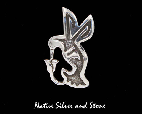 Navajo Jewelry - Pin<br>Hummingbird & Flower<br>Sterling Silver Sandcast