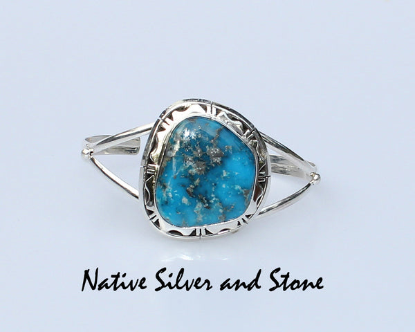 P.A. Smith<br>Navajo Jewelry<br>Bracelet - Cuff<br>Blue Kingman<br>Lge Oblong Turquoise<br>Sterling Silver Sawed Overlay Accents<br>6-5/16" (Medium)