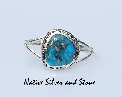 P.A. Smith<br>Navajo Jewelry<br>Bracelet - Cuff<br>Blue Kingman<br>Lge Oblong Turquoise<br>Sterling Silver Sawed Overlay Accents<br>6-5/16" (Medium)