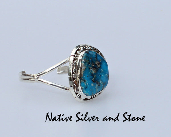 P.A. Smith<br>Navajo Jewelry<br>Bracelet - Cuff<br>Blue Kingman<br>Lge Oblong Turquoise<br>Sterling Silver Sawed Overlay Accents<br>6-5/16" (Medium)
