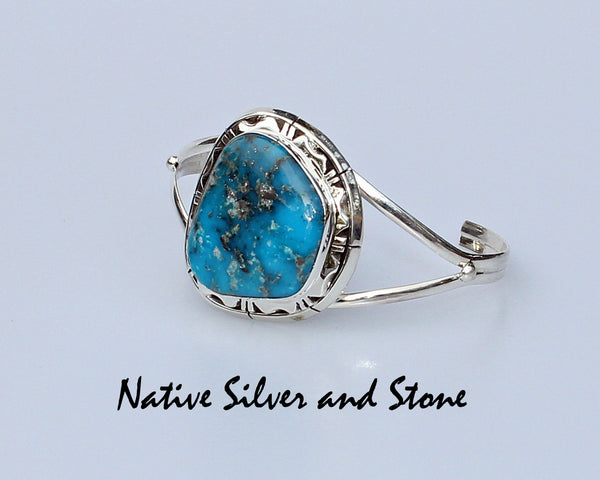 P.A. Smith<br>Navajo Jewelry<br>Bracelet - Cuff<br>Blue Kingman<br>Lge Oblong Turquoise<br>Sterling Silver Sawed Overlay Accents<br>6-5/16" (Medium)