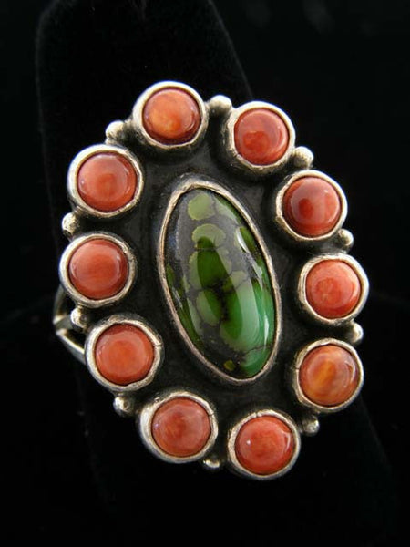 Miscellaneous Artist - P<br>Navajo Jewelry<br>Ring - Green Turquoise Oval<br>10 Orange Spiny Dots<br>Size  9-1/4