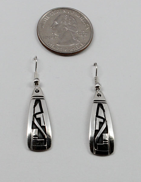 Z Peter Nelson - Navajo<br>1-1/8" Earrings<br>Medium Long Teardrops<br>Oxidized Overlay<br>Hook<br< Sterling Silver
