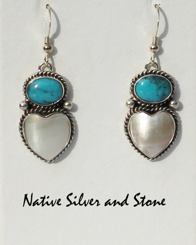 PP - Navajo<br>Earrings - French Wire Triangles<br>Turquoise Ovals<br>White Mother of Pearl Hearts<br>in Sterling Silver Twistwire & Bead Perimeter