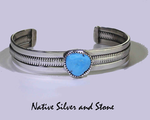 Miscellaneous Artist P.T.C. - Navajo Jewelry<br>Bracelet Cuff 7/16"<br>Turquoise Cabochon<br>Three Solid Rails of SIlver<br>Size 6-1/2 (Medium)