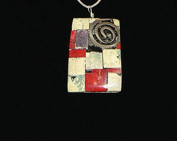 Timothy Bailon<br>Ke-Wa Santo Domingo Jewelry<br>Pendant Rectangle with<br>Leather Strap (not pictured)<br>Mosaic Multi-Inlay