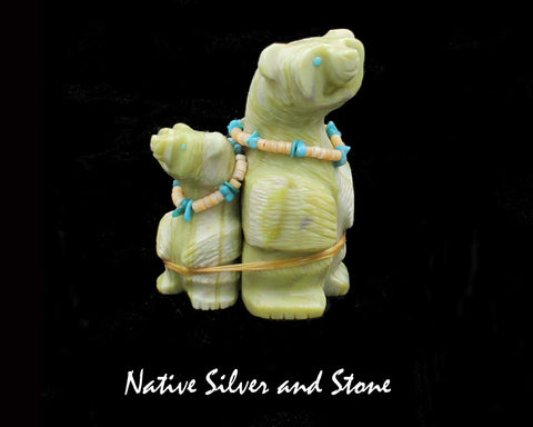 Z Bear Family -Standing, Large & Small<br>Zuni Fetish Carving<br>Paulette & Farlan Quam <br>Serpentine<br>Heishi & Turquoise Accents
