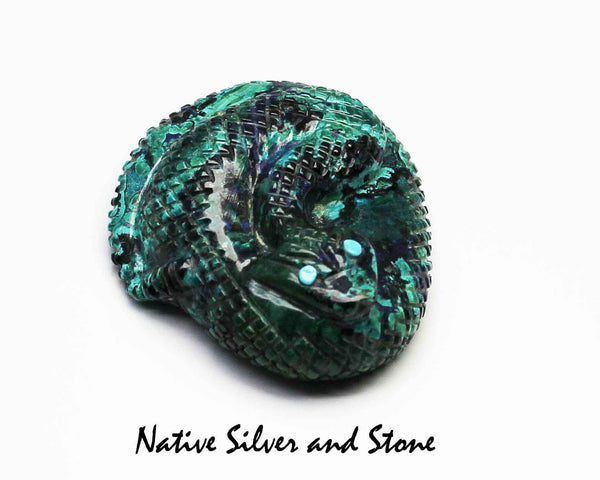 Z Coiled Rattlesnake<br>Zuni Fetish Carving<br>Paulette Quam<br>Malachite & Azurite with Turquoise Accents