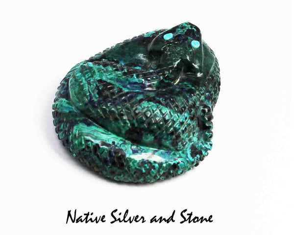 Z Coiled Rattlesnake<br>Zuni Fetish Carving<br>Paulette Quam<br>Malachite & Azurite with Turquoise Accents