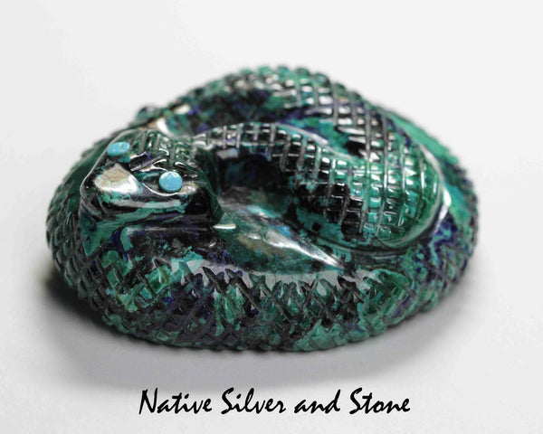 Z Coiled Rattlesnake<br>Zuni Fetish Carving<br>Paulette Quam<br>Malachite & Azurite with Turquoise Accents