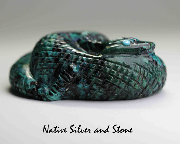 Z Coiled Rattlesnake<br>Zuni Fetish Carving<br>Paulette Quam<br>Malachite & Azurite with Turquoise Accents