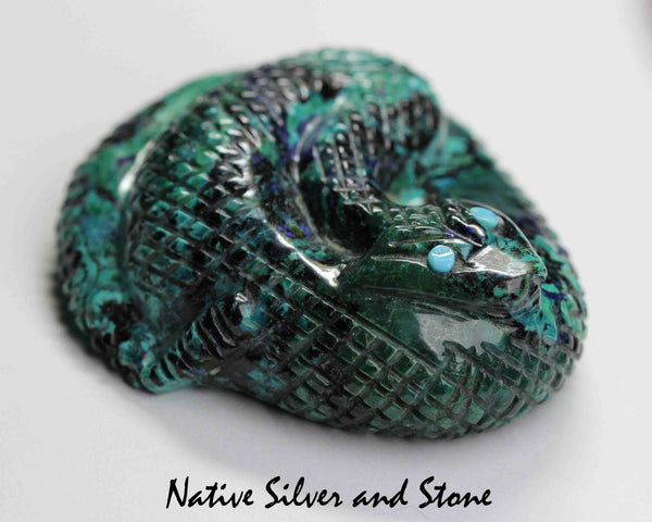 Z Coiled Rattlesnake<br>Zuni Fetish Carving<br>Paulette Quam<br>Malachite & Azurite with Turquoise Accents