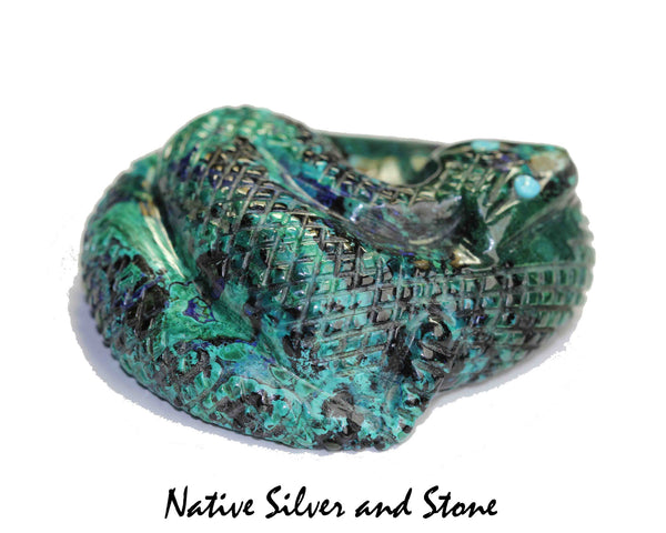 Z Coiled Rattlesnake<br>Zuni Fetish Carving<br>Paulette Quam<br>Malachite & Azurite with Turquoise Accents