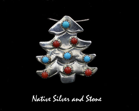Z Pauline Nelson- Navajo<br>1-1/2" Christmas Tree Pendant/Pin<br>Multi-inlay Jet, Coral, Turquoise<br>Sterling Silver