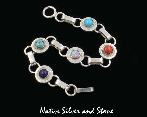Paulson Thomas - Navajo Jewelry<br>Bracelet - Link "Fullmoon"<br>Lapis, Turquoise, Opal, & Coral<br>Sterling Silver Perimeter
