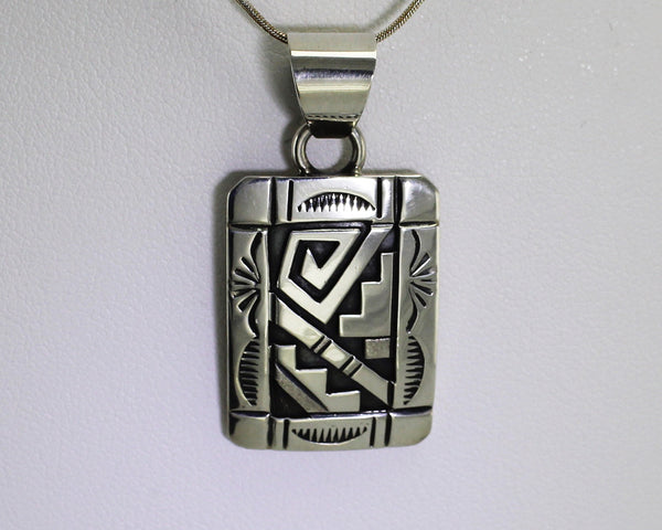 Z Peter Nelson - Navajo<br>Pendant - Sterling Silver Overlay<br>Rectangle with Stamping<br>with 18" Silver Snake Chain