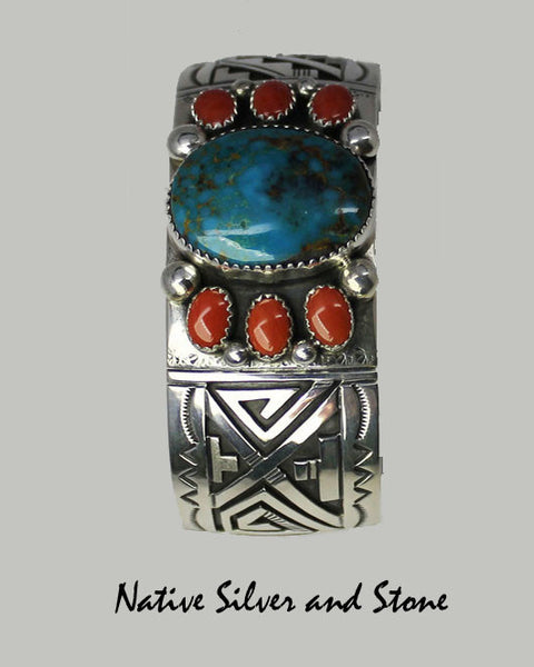 Z Peter Nelson - Navajo<br>Bracelet Cuff 1"<br>Natural Kingman Turquoise & Coral<br>Sterling Silver Overlay<br>with Stamping Size: 6-3/8" (Medium)