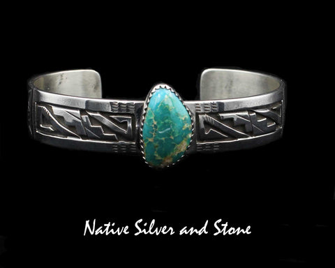 Peter Nelson - Navajo<br>1/2" Bracelet Cuff<br>Emerald Valley Turquoise<br>Freeform Cabochon<br>18.5mm x 12mm <br>Oxidized Overlay & Stamping<br>Sterling Silver<br>Size 6-5/16 (Medium)