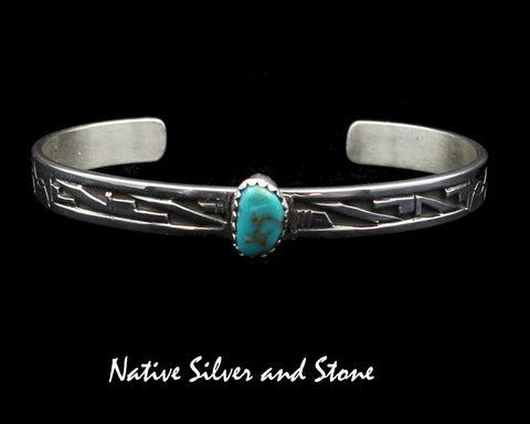 Z Peter Nelson - Navajo<br>1/4" Bracelet Cuff<br>Bisbee Turquoise Oblong-9mm x 6mm <br>Oxidized Overlay & Stamping<br>Sterling Silver<br>Size 6-1/8 (Medium-Small)