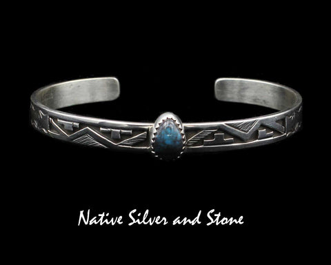 Peter Nelson - Navajo<br>1/4" Bracelet Cuff<br>Bisbee Turquoise Teardrop-9mm x 7mm <br>Oxidized Overlay & Stamping<br>Sterling Silver<br>Size 6-11/16 (Medium)