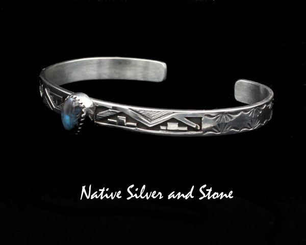 Peter Nelson - Navajo<br>1/4" Bracelet Cuff<br>Bisbee Turquoise Teardrop-9mm x 7mm <br>Oxidized Overlay & Stamping<br>Sterling Silver<br>Size 6-11/16 (Medium)