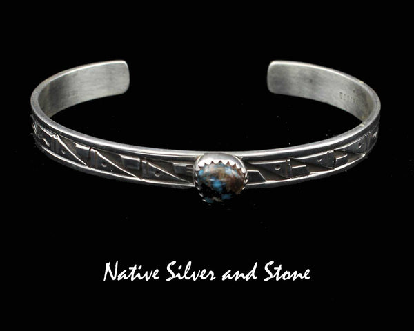 Z Peter Nelson - Navajo<br>1/4" Bracelet Cuff<br>Bisbee Turquoise Triangle-7mm x 8mm <br>Oxidized Overlay & Stamping<br>Sterling Silver<br>Size 6-1/4 (Medium-Small)