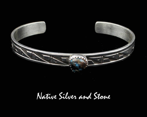 Z Peter Nelson - Navajo<br>1/4" Bracelet Cuff<br>Bisbee Turquoise Triangle-7mm x 8mm <br>Oxidized Overlay & Stamping<br>Sterling Silver<br>Size 6-1/4 (Medium-Small)
