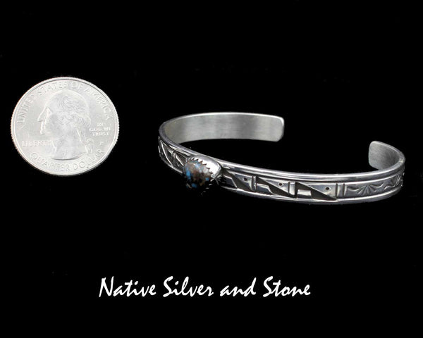 Z Peter Nelson - Navajo<br>1/4" Bracelet Cuff<br>Bisbee Turquoise Triangle-7mm x 8mm <br>Oxidized Overlay & Stamping<br>Sterling Silver<br>Size 6-1/4 (Medium-Small)