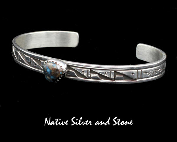 Z Peter Nelson - Navajo<br>1/4" Bracelet Cuff<br>Bisbee Turquoise Triangle-7mm x 8mm <br>Oxidized Overlay & Stamping<br>Sterling Silver<br>Size 6-1/4 (Medium-Small)