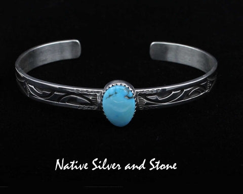 Peter Nelson - Navajo<br>1/4" Bracelet Cuff<br>Kingman Turquoise Oval<br>Oxidized Overlay<br>& Stamping<br>Sterling Silver<br>Size 6-11/16 (Large-Medium)