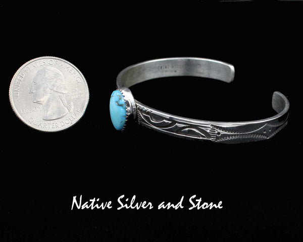 Peter Nelson - Navajo<br>1/4" Bracelet Cuff<br>Kingman Turquoise Oval<br>Oxidized Overlay<br>& Stamping<br>Sterling Silver<br>Size 6-11/16 (Large-Medium)