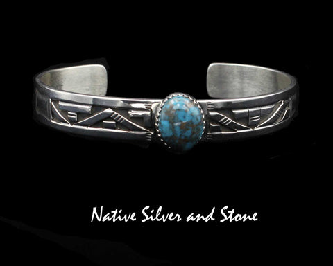 Peter Nelson - Navajo<br>3/8" Bracelet Cuff<br>Bisbee Turquoise Oval-13mm x 11mm <br>Oxidized Overlay & Stamping<br>Sterling Silver<br>Size 6-5/8 (Medium-Large)