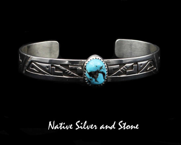 Z Peter Nelson - Navajo<br>3/8" Bracelet Cuff<br>Kingman Turquoise Oval<br>12mm x 10mm <br>Oxidized Overlay & Stamping<br>Sterling Silver<br>Size 6-7/16 (Medium)