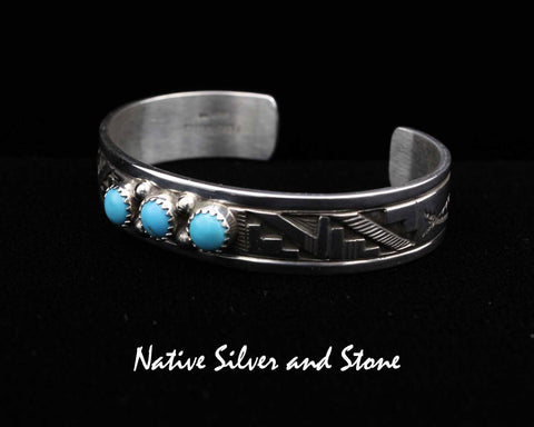 Peter Nelson - Navajo<br>1/2" Bracelet Cuff<br>Oxidized Overlay & Stamping<br>3 Sleeping Beauty Turquoise Rounds<br>Sterling Silver<br>Size 6-3/16 (Medium-Small)