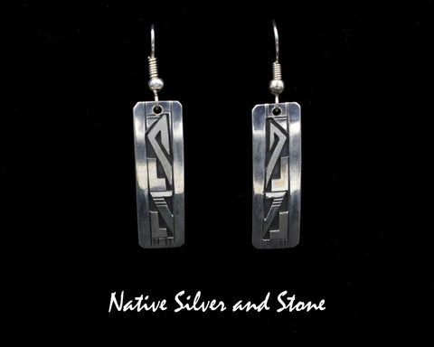 Z Peter Nelson - Navajo<br>1-1/4" Earrings<br>Medium Long Rectangles<br>Oxidized Overlay<br>Sterling Silver